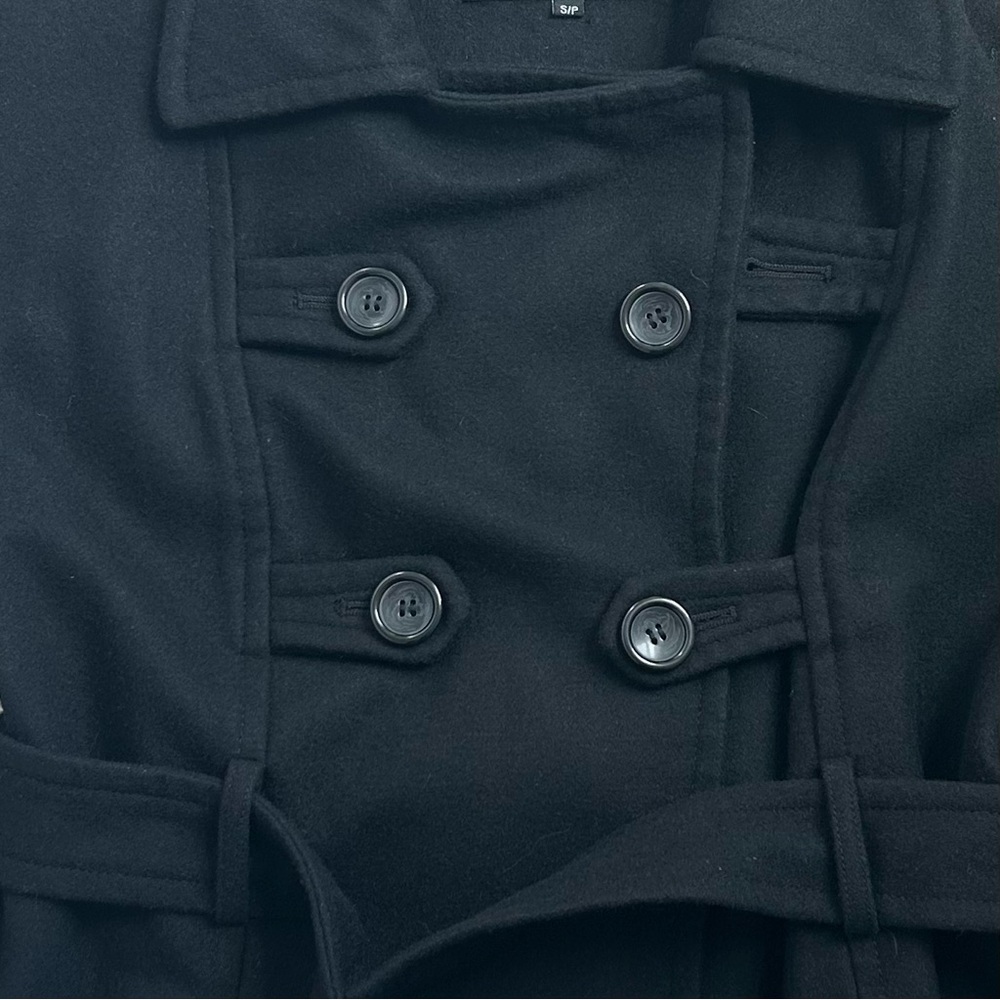 GUESS Women’s Dbl Breasted Pea Coat Black Wool Blend Cropped Belt 3/4 Sleeve S/P - Picture 6 of 14
